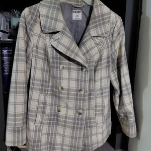 Old Navy Women's Pea Coat - Gray and Cream Plaid